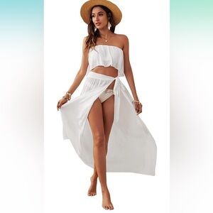 Two Piece White Cover Up Set Bandeau Top & Long Skirt Size Small
